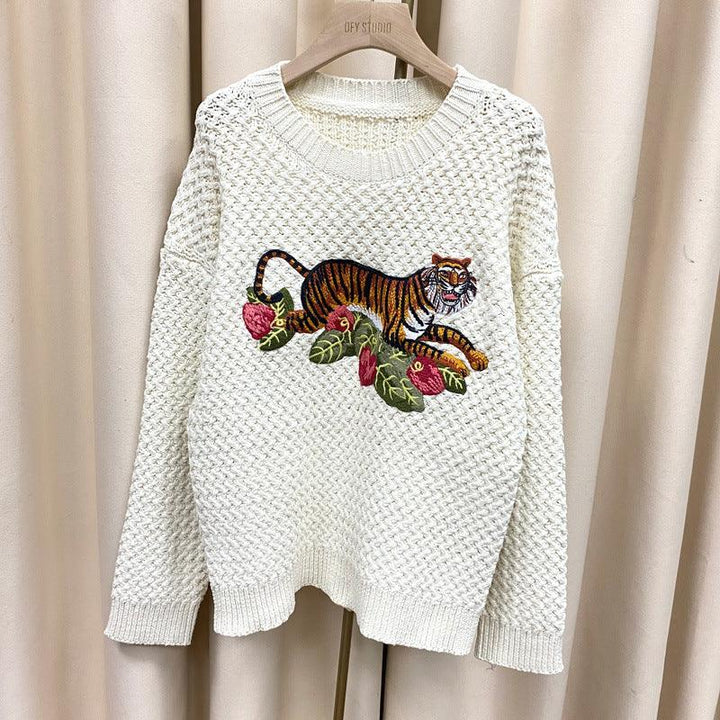 Tiger Crochet Embroidery Wool Sweater Sweater Women's Lazy Wind Thick Needle Top - Trendha