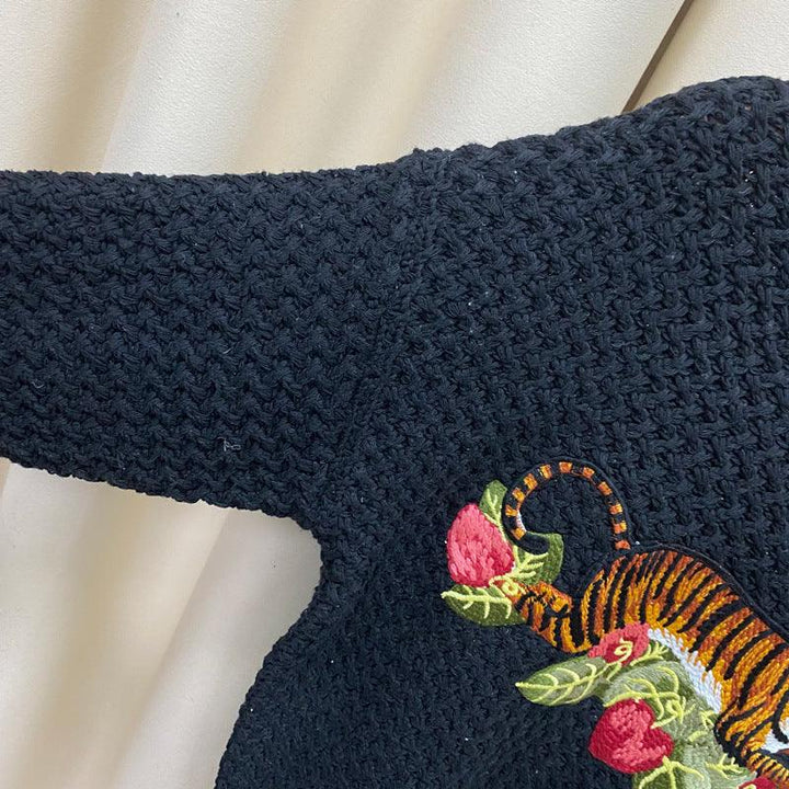 Tiger Crochet Embroidery Wool Sweater Sweater Women's Lazy Wind Thick Needle Top - Trendha