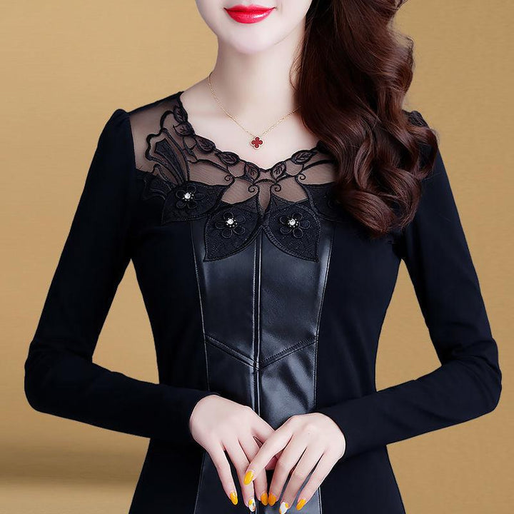 Top Long Sleeve Lace Splicing Blouse - Trendha