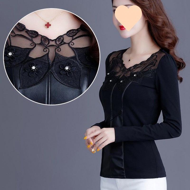 Top Long Sleeve Lace Splicing Blouse - Trendha