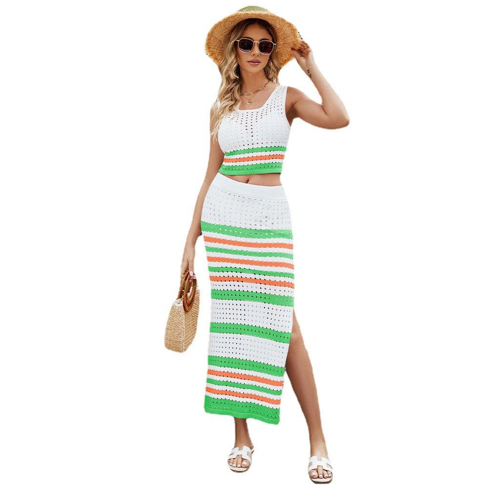 Top Split Dress Striped Contrast Color Knitted Two-piece - Trendha