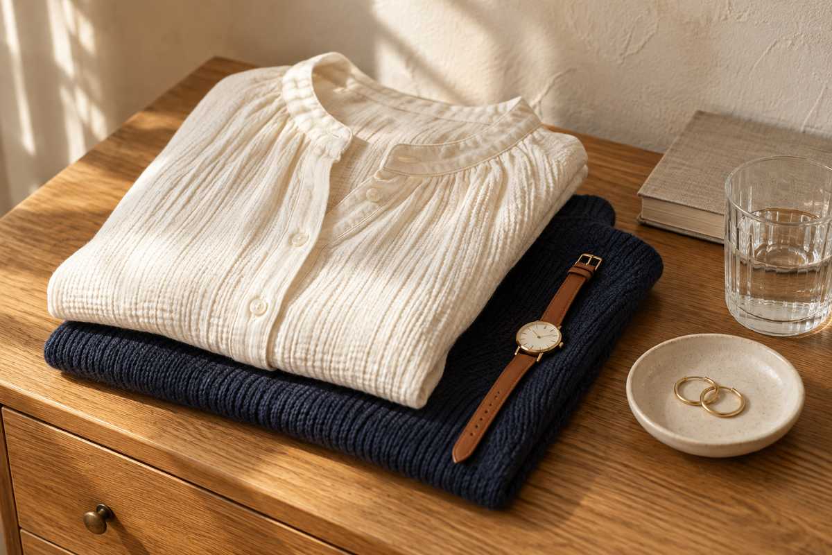Ivory and navy clothing with a leather watch and ceramic jewellery dish