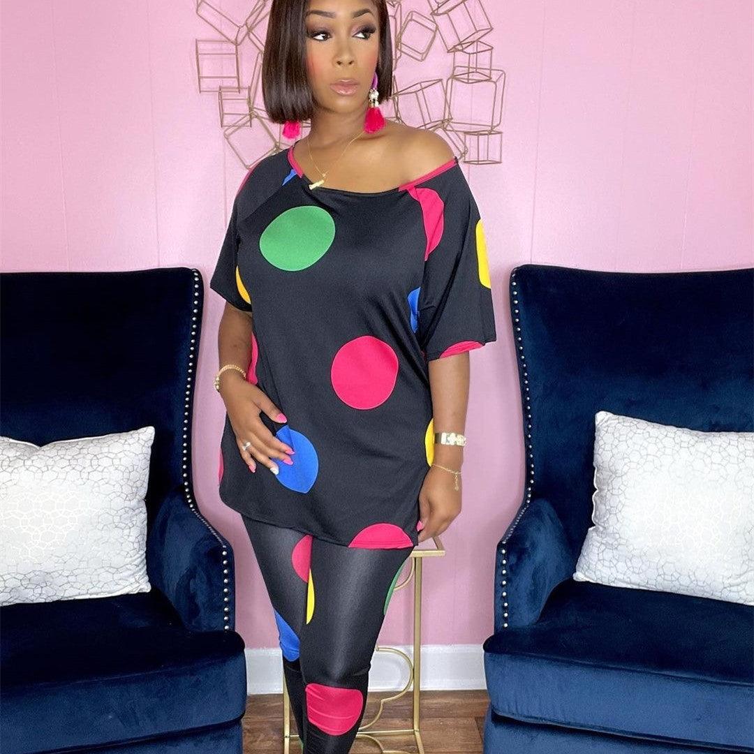 Two-piece Suit Polka Dot Printing Mid-length Split Trousers - Trendha