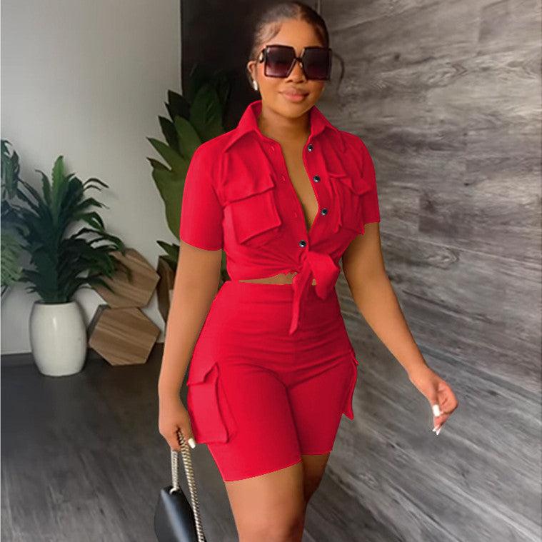 Urban Style Shirt Short Sleeve Shorts Solid Color Two-piece Set - Trendha