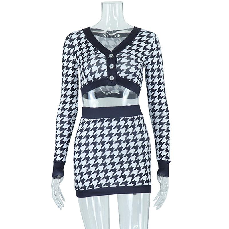 V-neck Digital Printing Houndstooth Short Top Color Matching Camouflage Skirt - Trendha