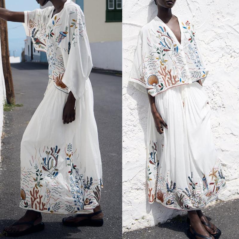 V-neck Embroidery Breasted Shirt High Waist Embroidery Skirt Suit - Trendha