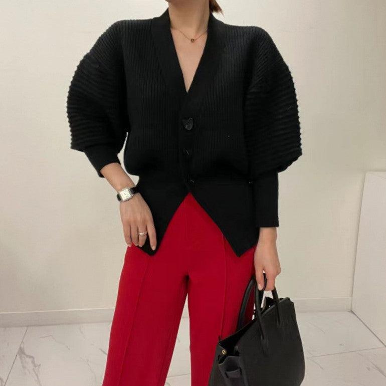V-neck Loose And Idle Single-breasted Puff Sleeve Cardigan Sweater Coat For Women - Trendha