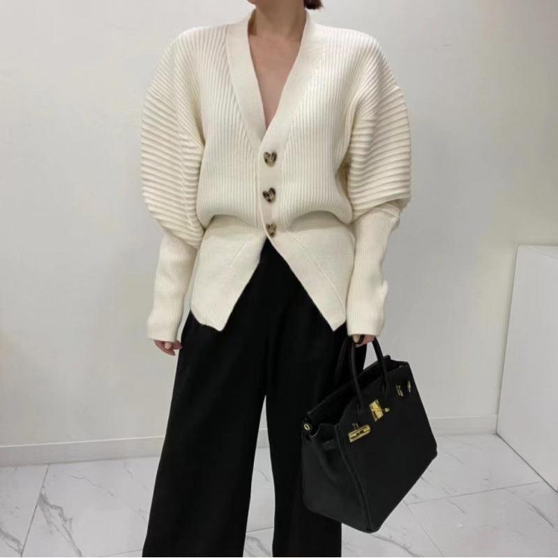 V-neck Loose And Idle Single-breasted Puff Sleeve Cardigan Sweater Coat For Women - Trendha