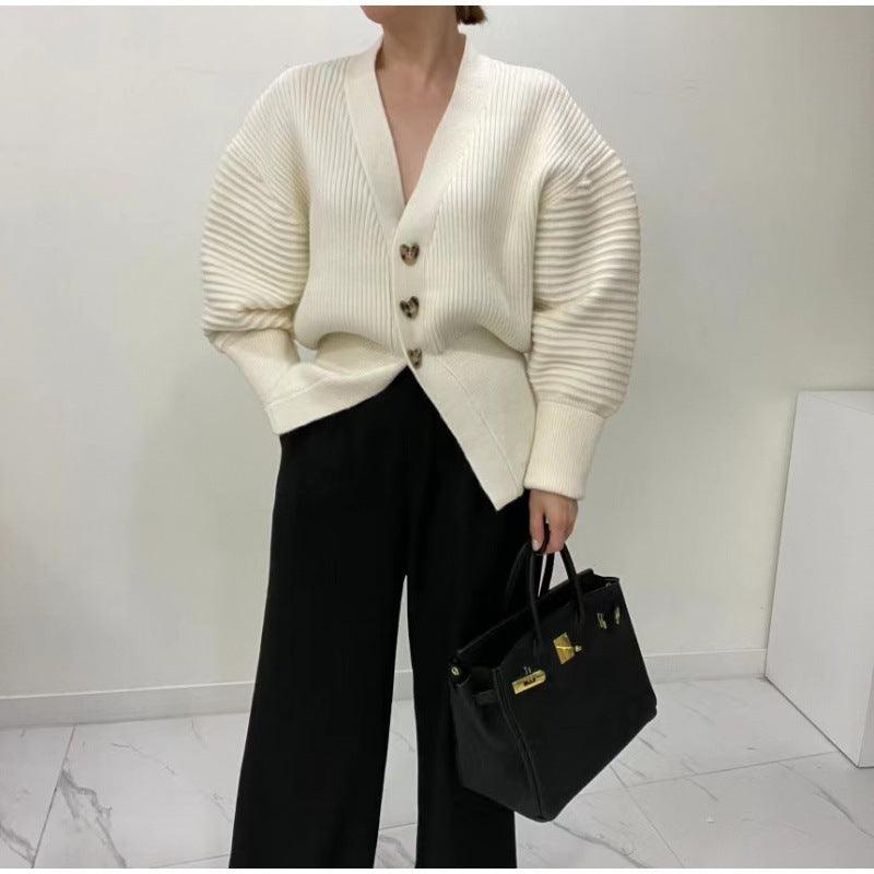 V-neck Loose And Idle Single-breasted Puff Sleeve Cardigan Sweater Coat For Women - Trendha