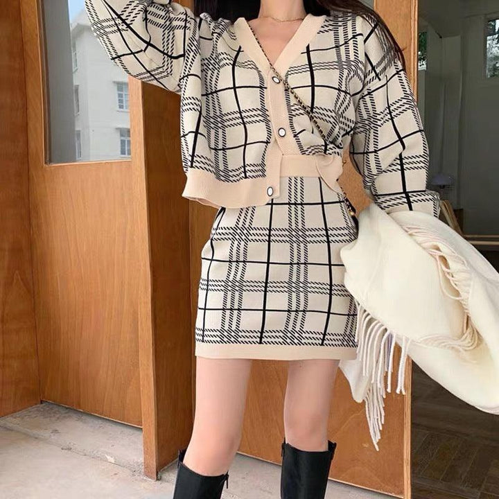 V-neck Plaid Knitted Cardigan Sheath Skirt Skirt Outfit - Trendha