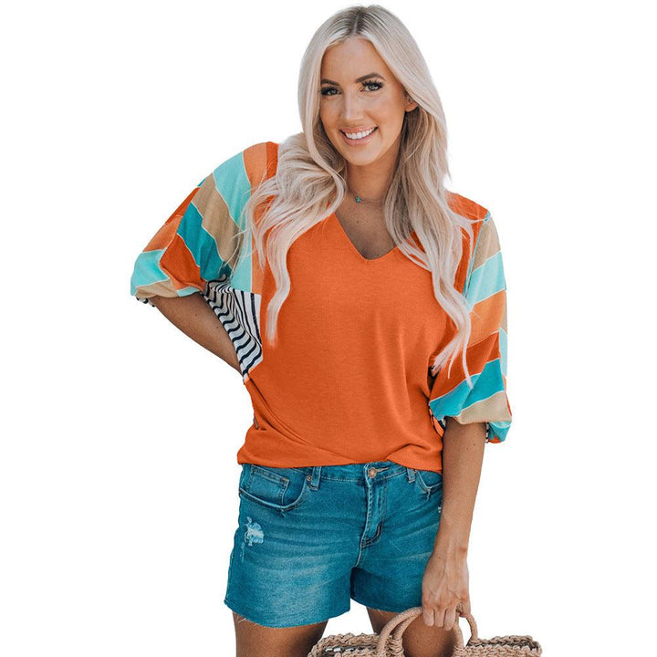 V-neck Pullover Contrast Stitching Short Sleeves Top - Trendha