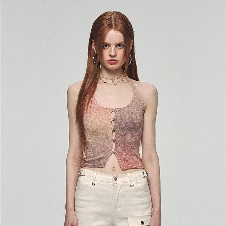 Vacation Style Rainbow Color Halter Spaghetti Straps Vest Outer Wear Slim Top