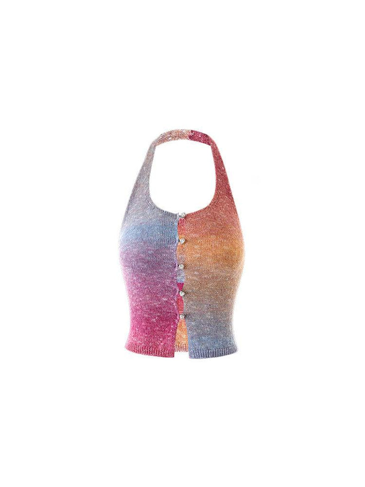 Vacation Style Rainbow Color Halter Spaghetti Straps Vest Outer Wear Slim Top - Trendha