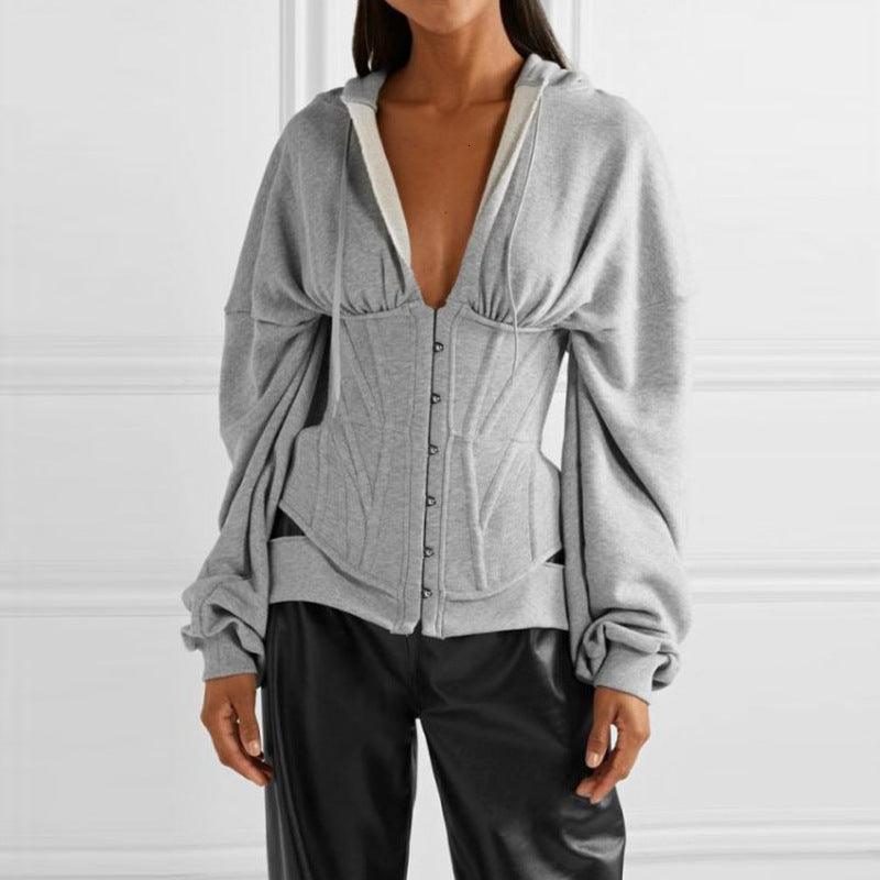 Versatile Long-sleeved Waist Fitting Hooded V-neck Top - Trendha