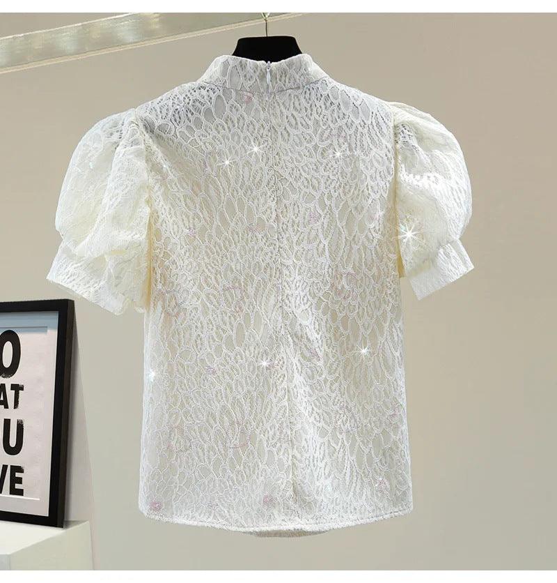 Vintage Buckle Stand Collar Puff Sleeve Top Beaded - Trendha
