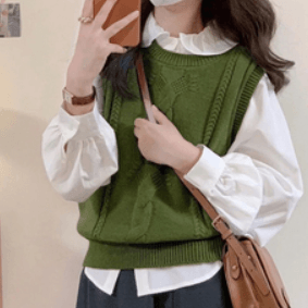 Vintage Green Crewneck Twist Shirt With Knit Women's Vest Folded Wear - Trendha