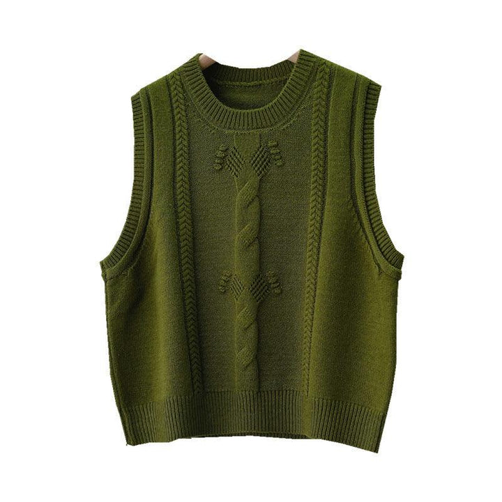 Vintage Green Crewneck Twist Shirt With Knit Women's Vest Folded Wear - Trendha