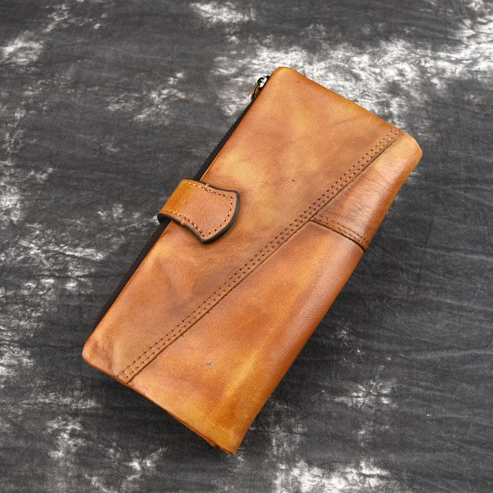 Vintage Rubbed Leather Fashion Stitching Long Wallet - Trendha