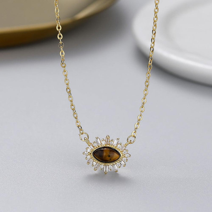 Vintage Tiger Eye Stone S925 Sterling Silver Gold Plated Collarbone Necklace - Trendha