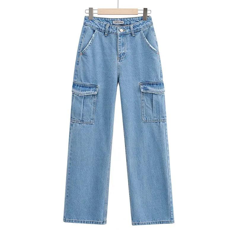 Washed Blue Pocket Decorated High Waist Wide-leg Jeans Women Casual Jeans - Trendha
