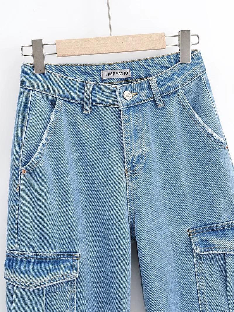 Washed Blue Pocket Decorated High Waist Wide-leg Jeans Women Casual Jeans - Trendha