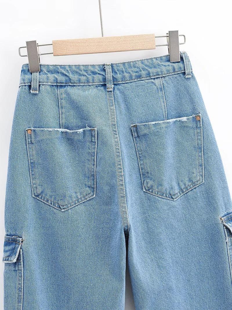 Washed Blue Pocket Decorated High Waist Wide-leg Jeans Women Casual Jeans - Trendha