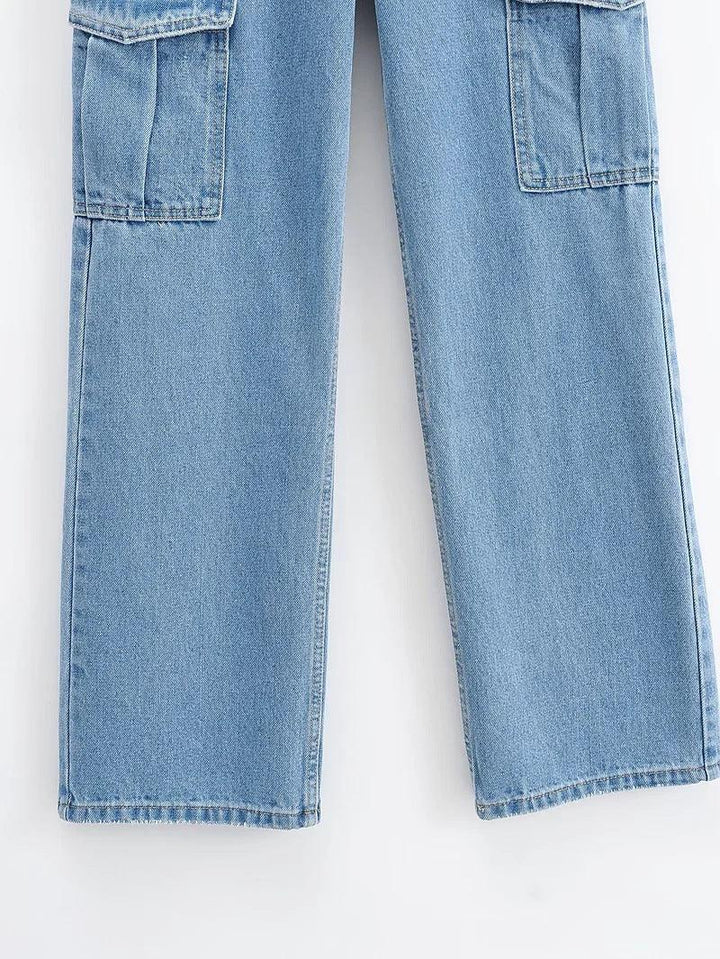 Washed Blue Pocket Decorated High Waist Wide-leg Jeans Women Casual Jeans - Trendha