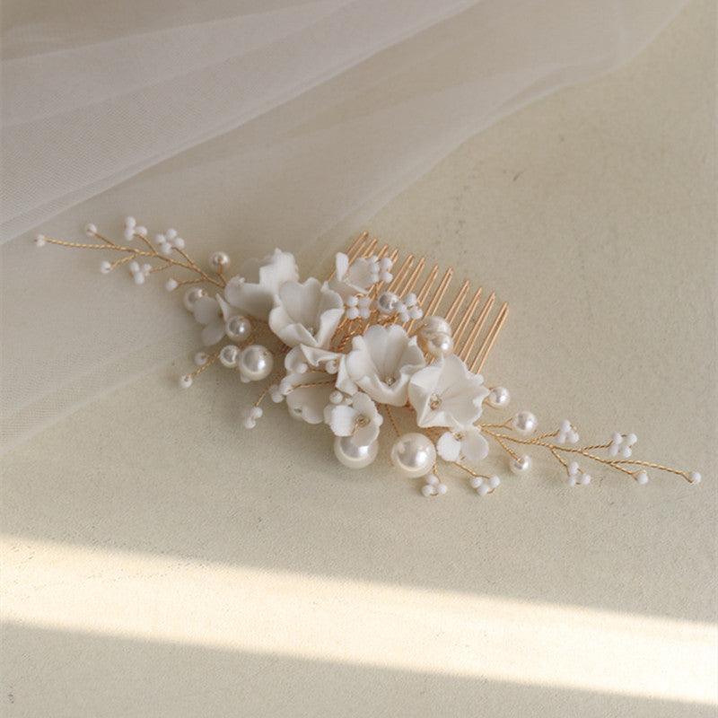 White Ceramic Flower Bridal Hair Comb Shell - Trendha