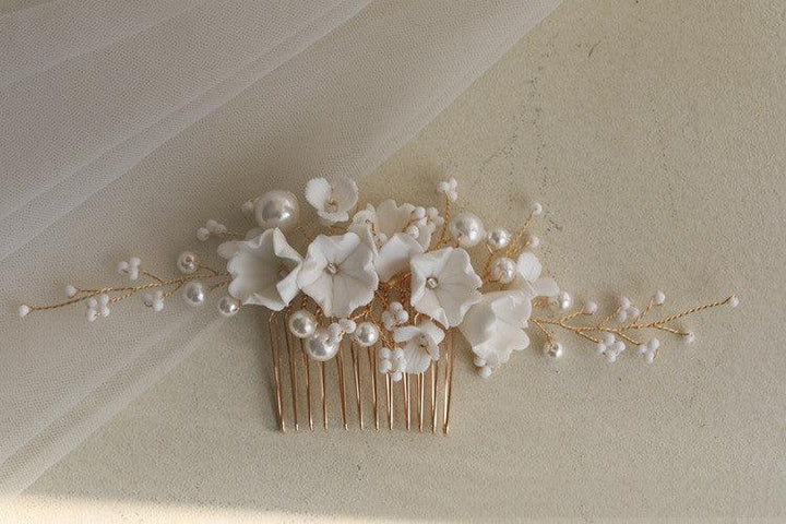 White Ceramic Flower Bridal Hair Comb Shell - Trendha