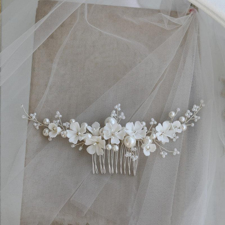 White Ceramic Flower Bridal Hair Comb Shell - Trendha
