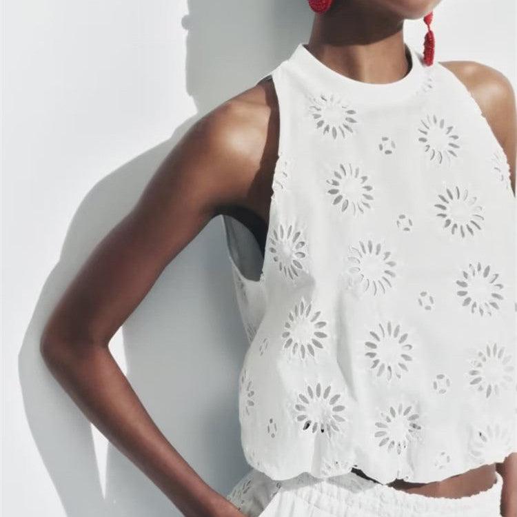 White Hollow-out Embroidered Top High Waist Skirt