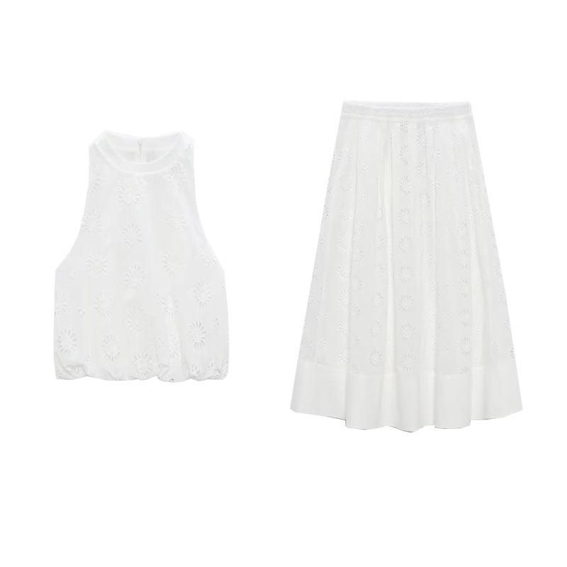 White Hollow-out Embroidered Top High Waist Skirt - Trendha