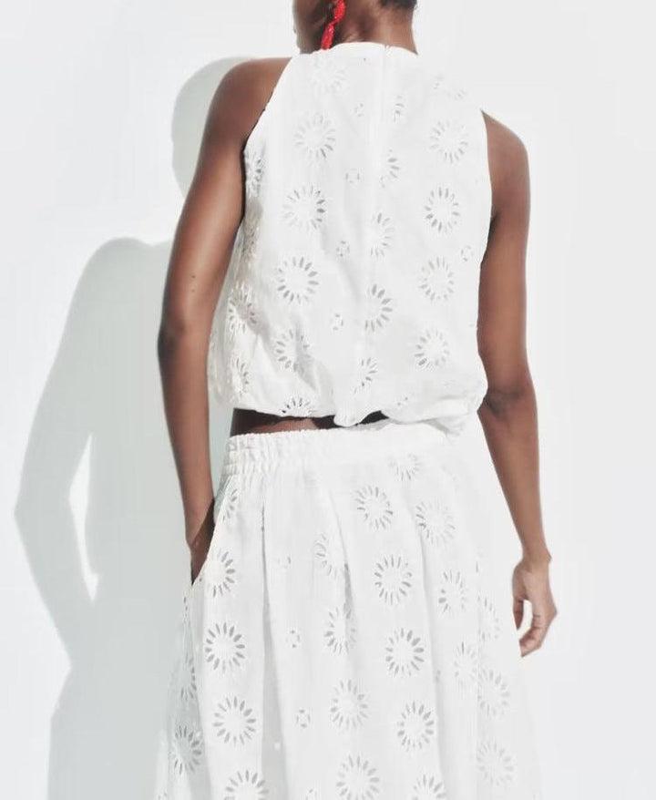 White Hollow-out Embroidered Top High Waist Skirt - Trendha