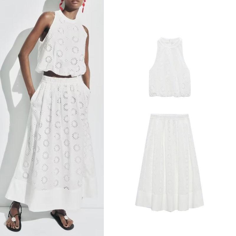 White Hollow-out Embroidered Top High Waist Skirt - Trendha