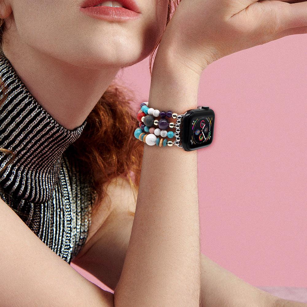 White Pine Turquoise Amethyst Gold Bead Watch Strap - Trendha