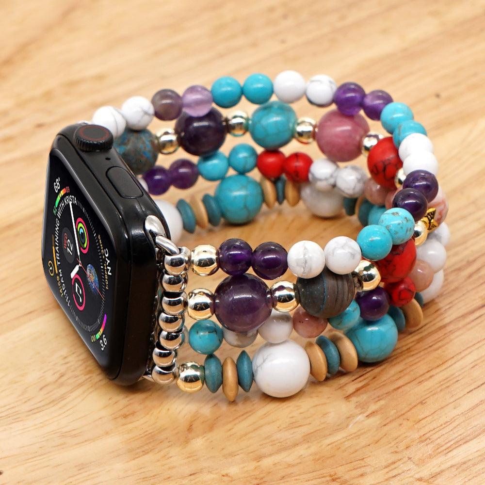 White Pine Turquoise Amethyst Gold Bead Watch Strap - Trendha