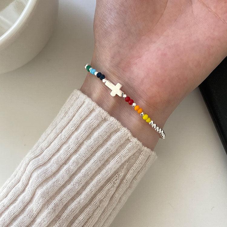 925 Silver Cross Bracelet with Rainbow Beads