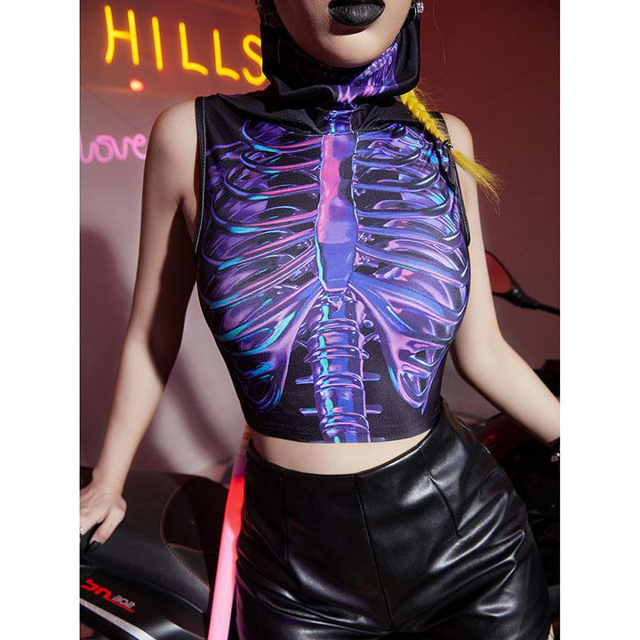 Wind Dark Hipster Turtleneck Hooded Skull Print Vest Top For Women - Trendha