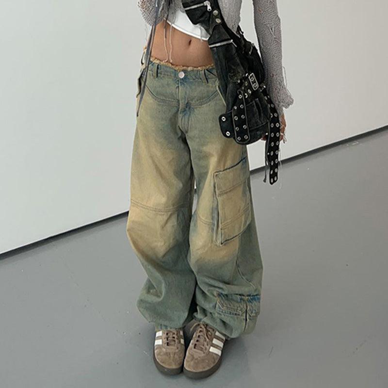 Women's Asymmetric Retro Raw Hem Jeans Straight-leg Overalls - Trendha