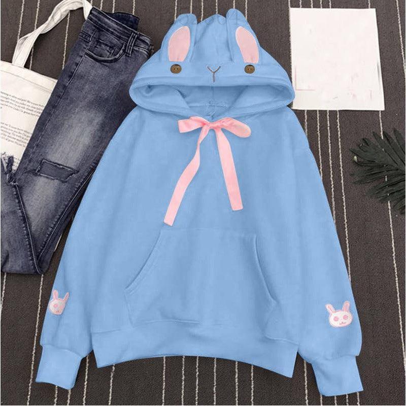 Women's Autumn And Winter Embroidered Cute Rabbit Ear Pocket Hoodie - Trendha