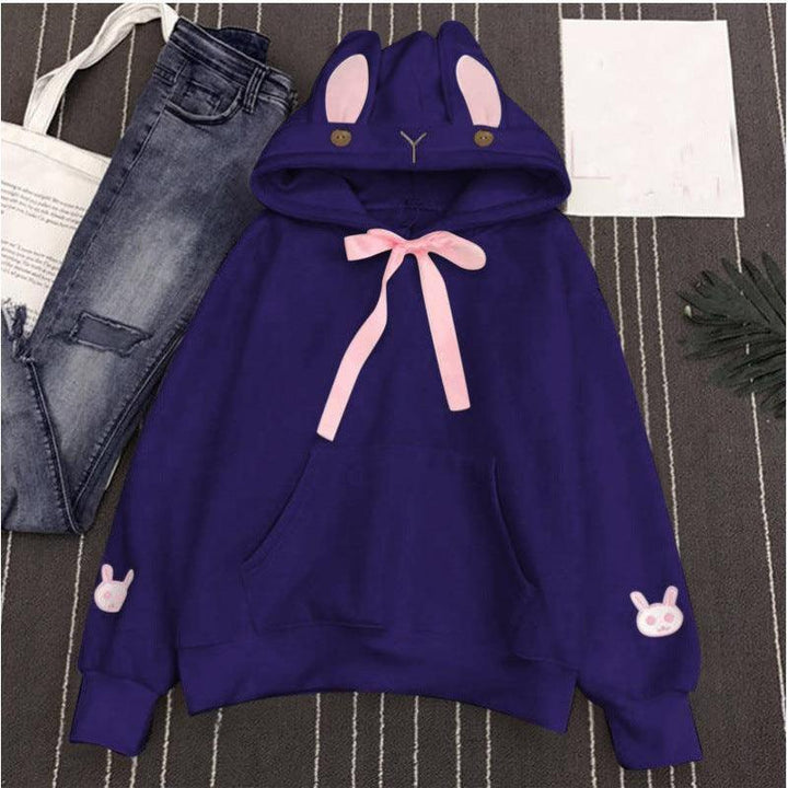 Women's Autumn And Winter Embroidered Cute Rabbit Ear Pocket Hoodie - Trendha