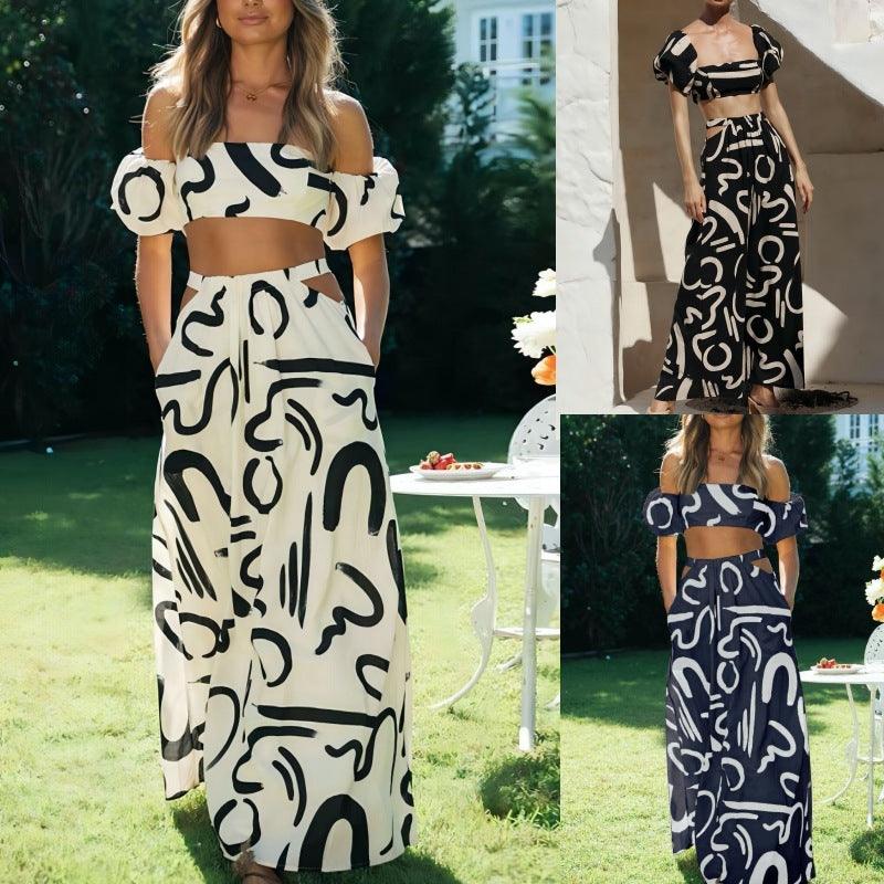 Women's Bubble Sleeve Hollow-out Large Swing Dress Split Skirt Suit - Trendha