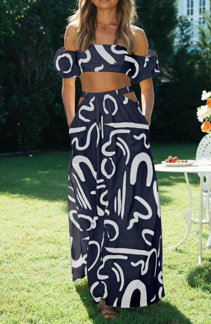 Women's Bubble Sleeve Hollow-out Large Swing Dress Split Skirt Suit - Trendha