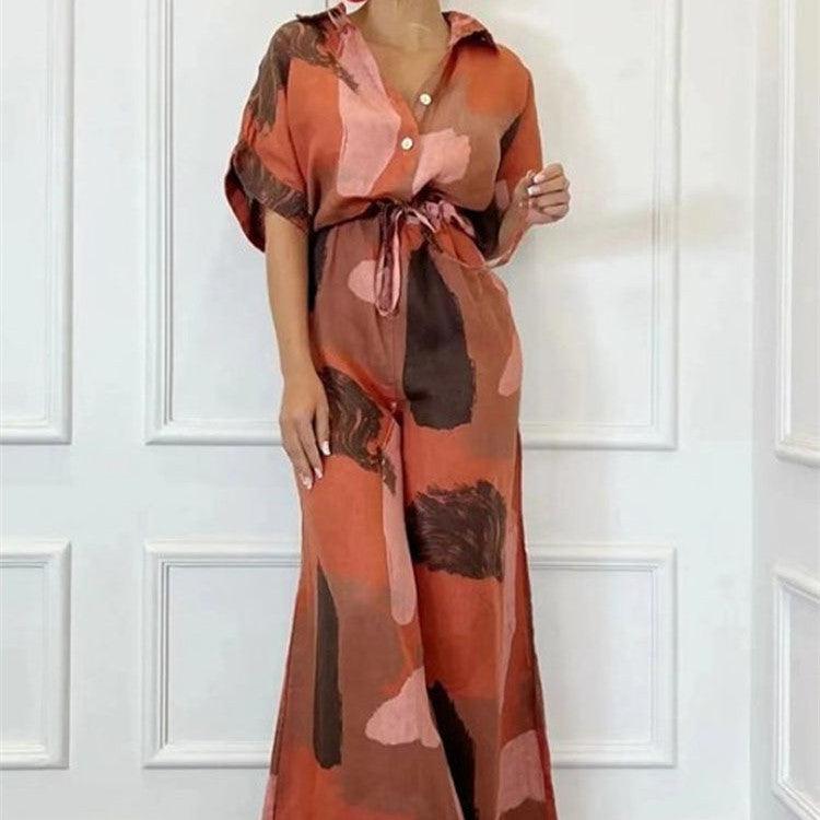 Women's Casual Loose Short Sleeves Lapel Print Lace-up Jumpsuit - Trendha