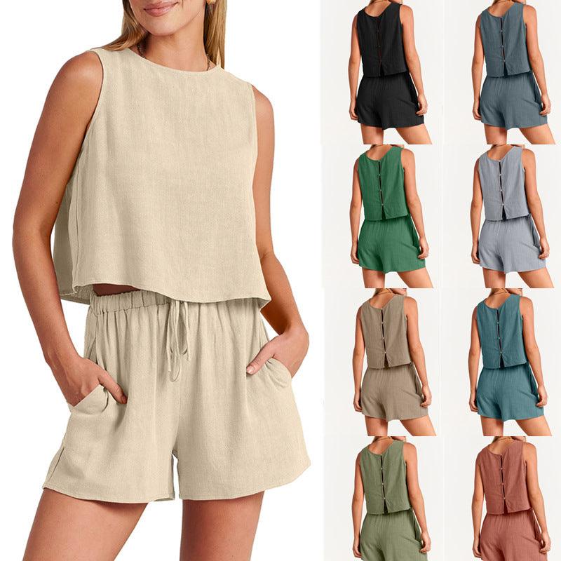 Women's Casual Sleeveless Loose Cotton Linen Shorts Two-piece Suit - Trendha