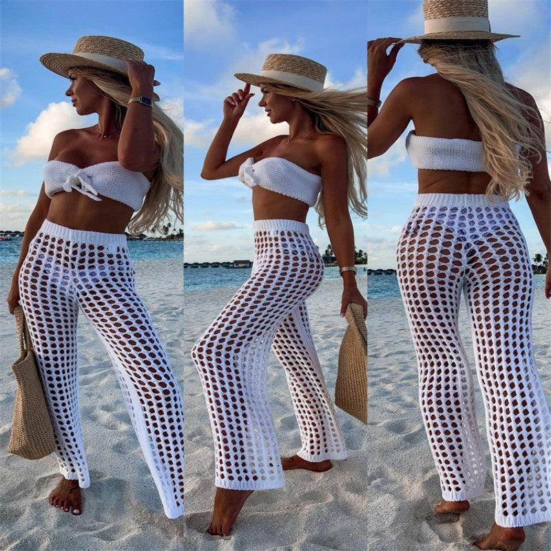 Women's Casual Solid Color Beach Hollow Two-piece Set - Trendha