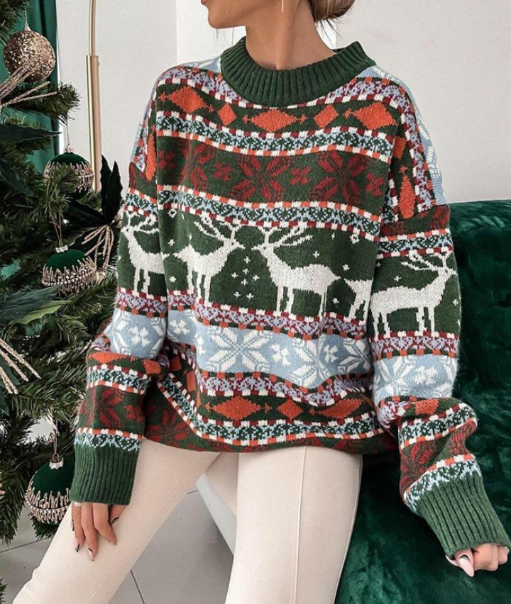 Women's Christmas Reindeer Xmas Snowflake Patterns Knitted Sweater Long Sleeve Elk Floral Printed Pullover - Trendha