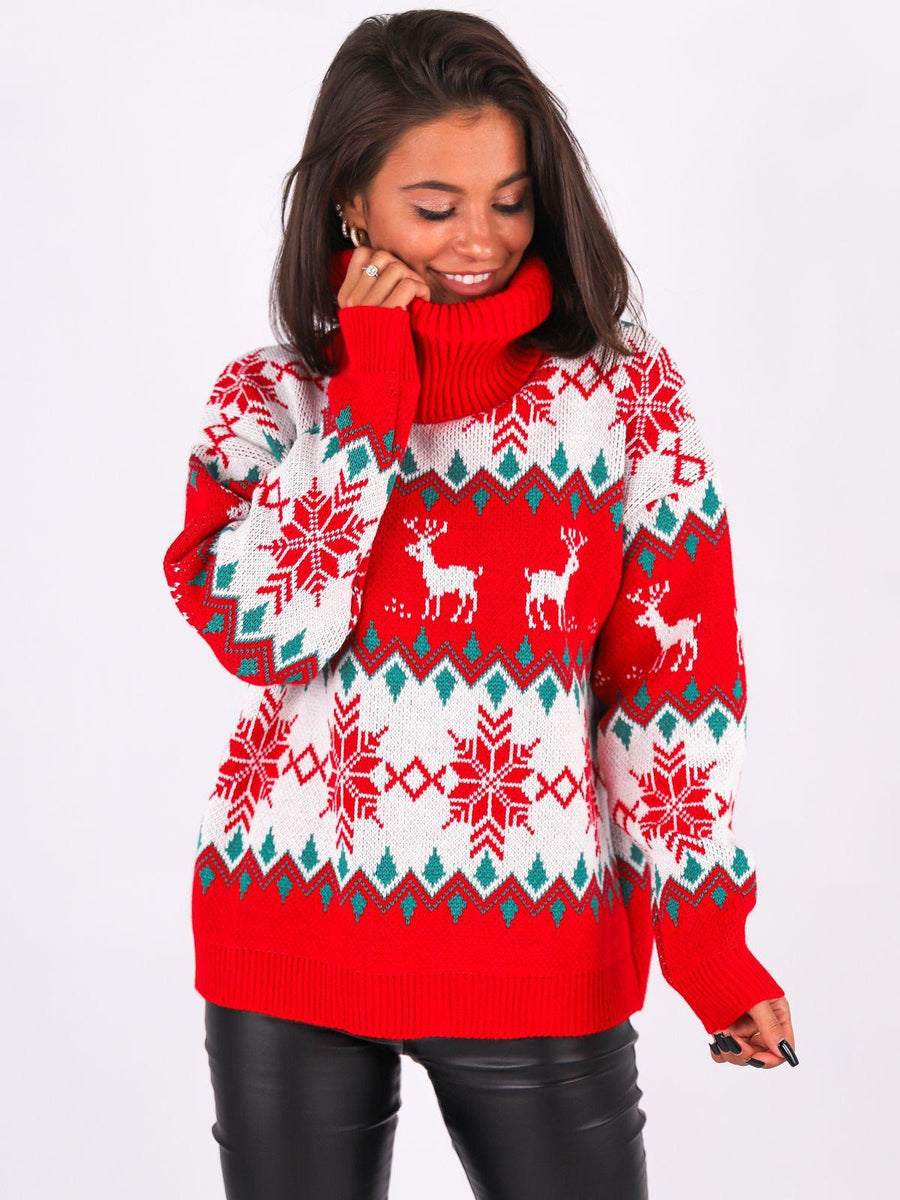 Women's Christmas Reindeer Xmas Snowflake Patterns Turtleneck Knitted Sweater Long Sleeve Elk Floral Printed Pullover - Trendha