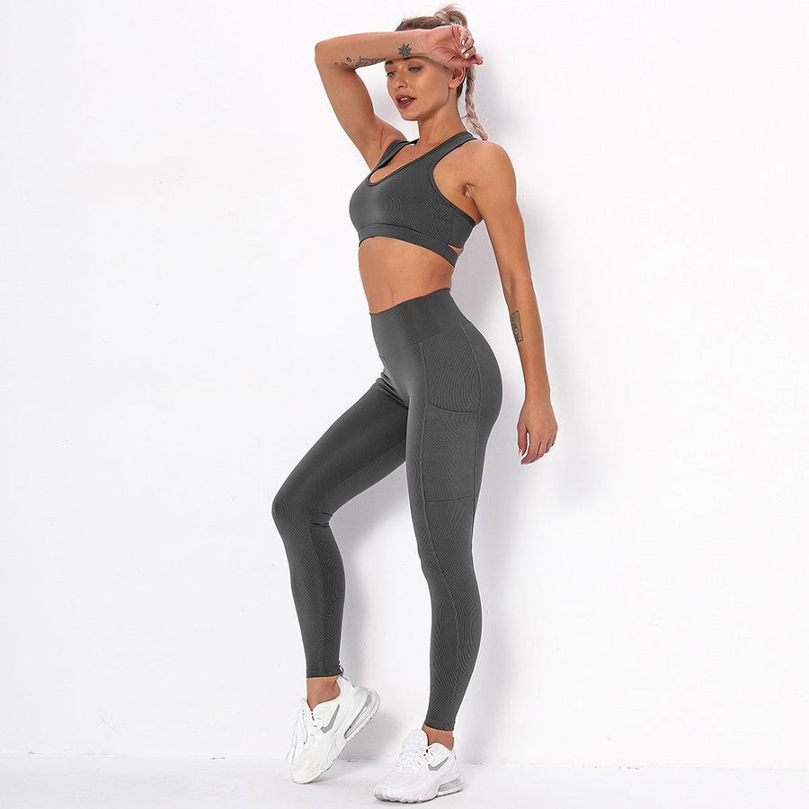 Women's Clothing Beauty Back Top Bra Sports Running Fitness Yoga Striped Pocket Suit - Trendha