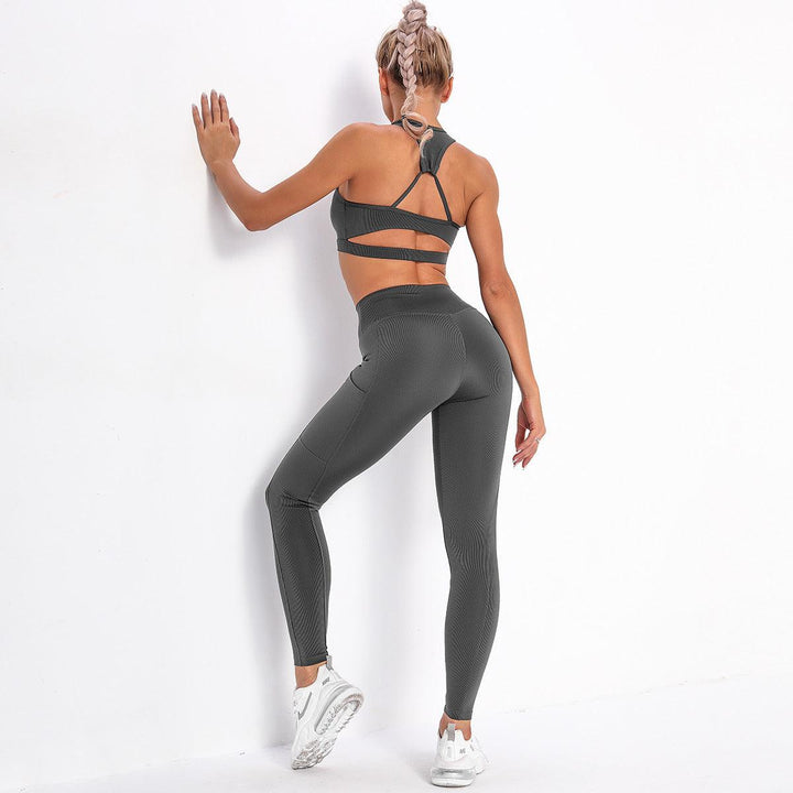 Women's Clothing Beauty Back Top Bra Sports Running Fitness Yoga Striped Pocket Suit - Trendha